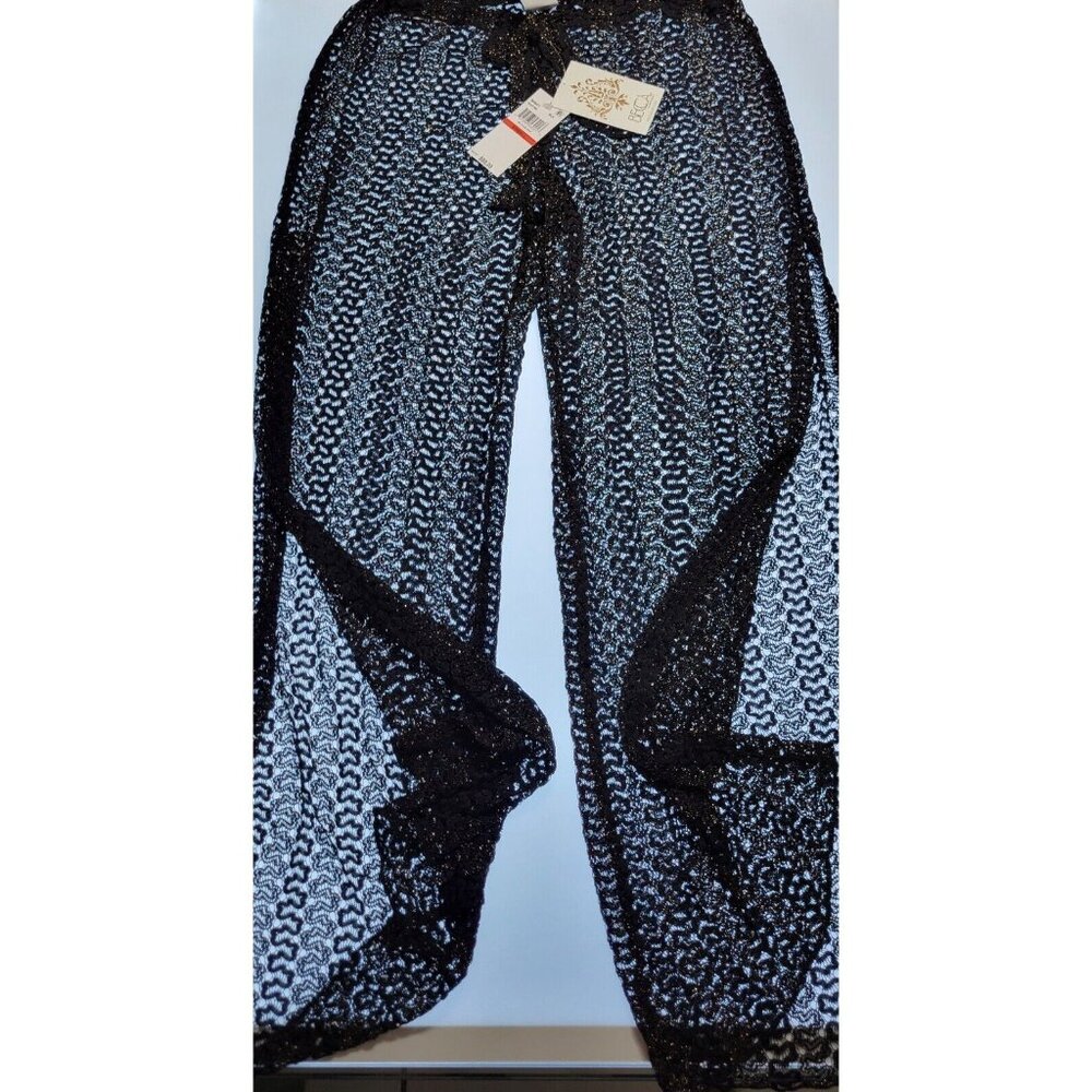 Becca by Rebecca Virtue Cover Up Medium Black /Gold CrochetFlare Split Leg Pants